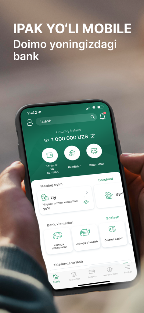 Ipak Yuli Mobile banking app dashboard on a smartphone displaying account balance and financial services in Uzbek
