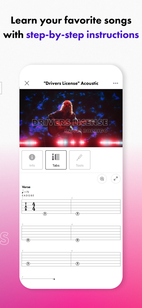 Fender Play mobile app interface showing a guitar lesson with video and musical tabs for the song Drivers License