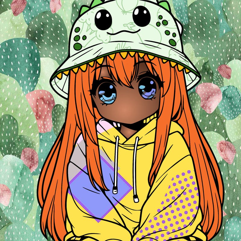 girl with anime shaped eyes with a dinosaur bucket hat oversized sweatshirt long straight hair
