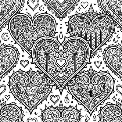 Immerse yourself in a world of dark romance with our intricate Gothic Hearts coloring page. Discover a seamless pattern filled with ornate Victorian lace, roses, and mysterious detailing, offering a captivating artistic challenge.