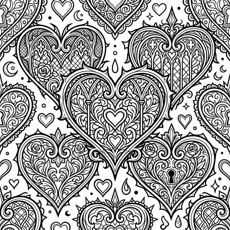 Immerse yourself in a world of dark romance with our intricate Gothic Hearts coloring page. Discover a seamless pattern filled with ornate Victorian lace, roses, and mysterious detailing, offering a captivating artistic challenge.