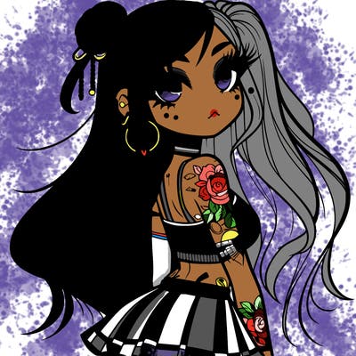 cool anime girl long hair half up in a bun has tattos and big eyelashes with some piercings not many wearing a short skirt and tank top