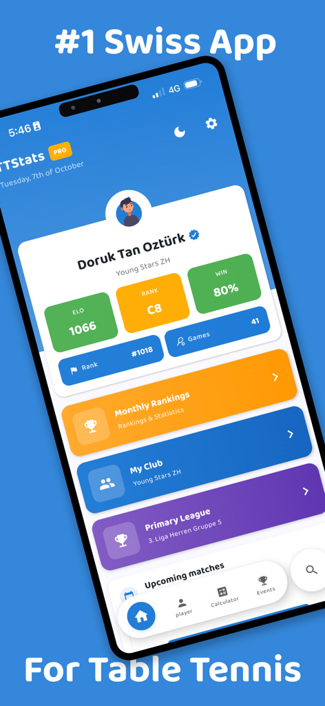 A mobile interface for TTStats showing a player profile with ELO score, rank, and win rate for Swiss table tennis.