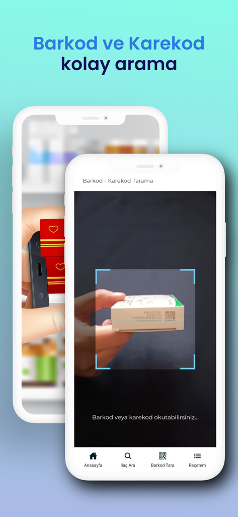 İlaç Fiyatı - Ilac Fiyati app interface showing a user scanning a medicine box barcode with a smartphone camera