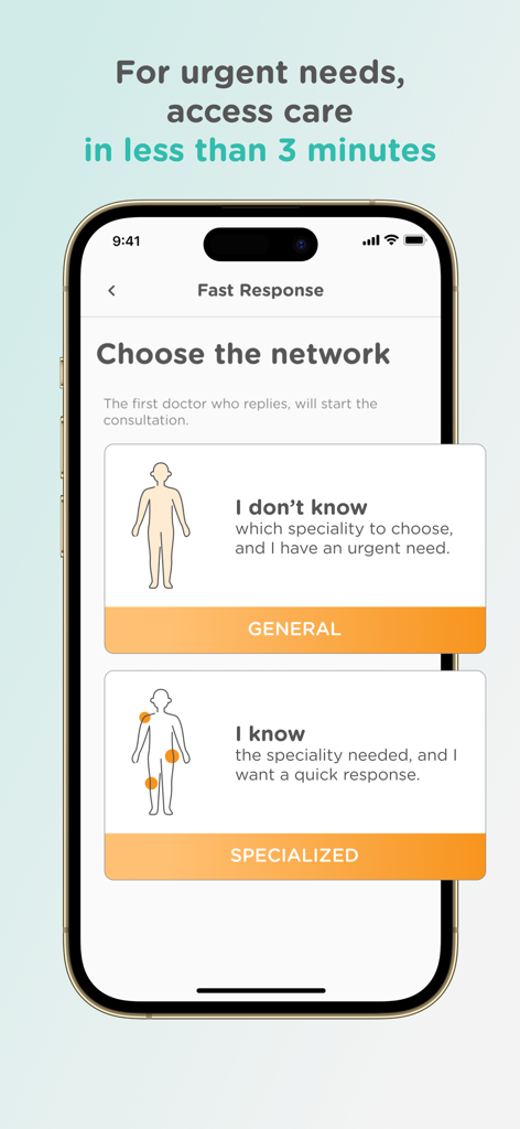 DRAPP –Telehealth Made Easy - Mobile app screen for choosing between general and specialized urgent medical care in under 3 minutes