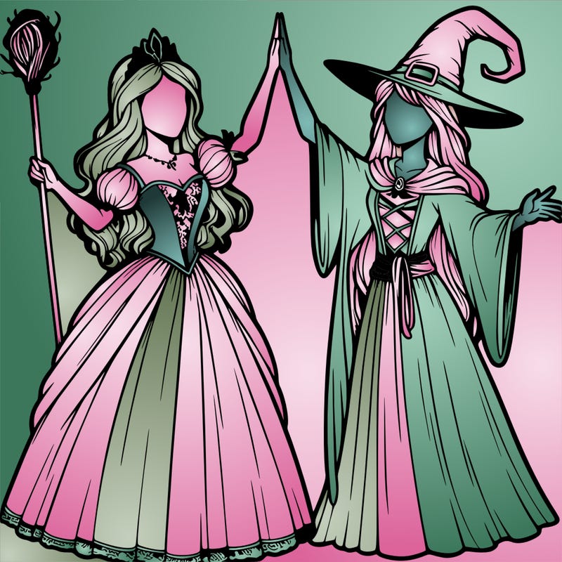 detailed realistic split of a princess and a witch