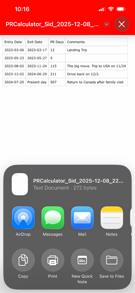 Canada PR Calculator - Tableau des données de voyage de résidence et options de partage d'exportation dans l'application Canada PR Calculator