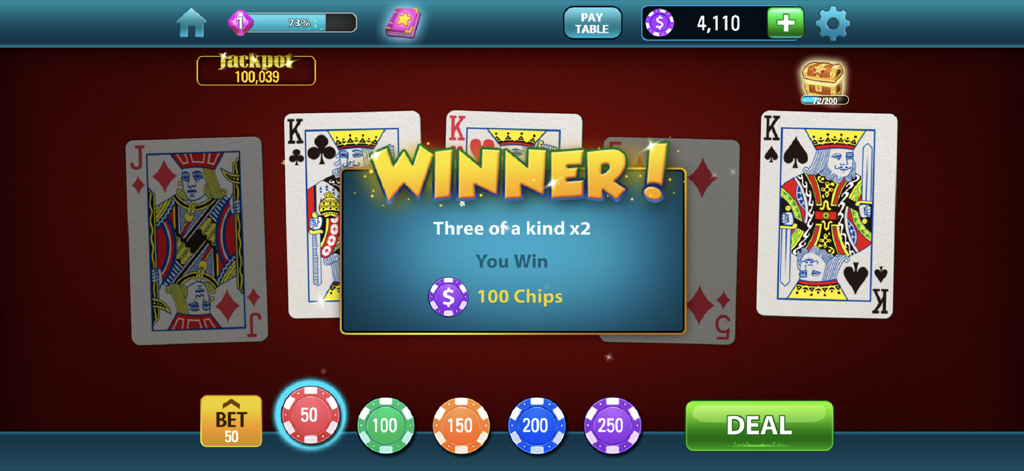 Gameplay-Screenshot, der ein gewinnendes Drilling-Blatt (Three of a Kind) in Video Poker zeigt