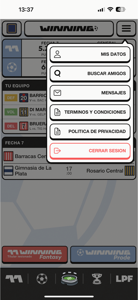 Winning Argentina - Settings and profile menu overlay in the Winning Argentina fantasy soccer app showing user data and search friends options