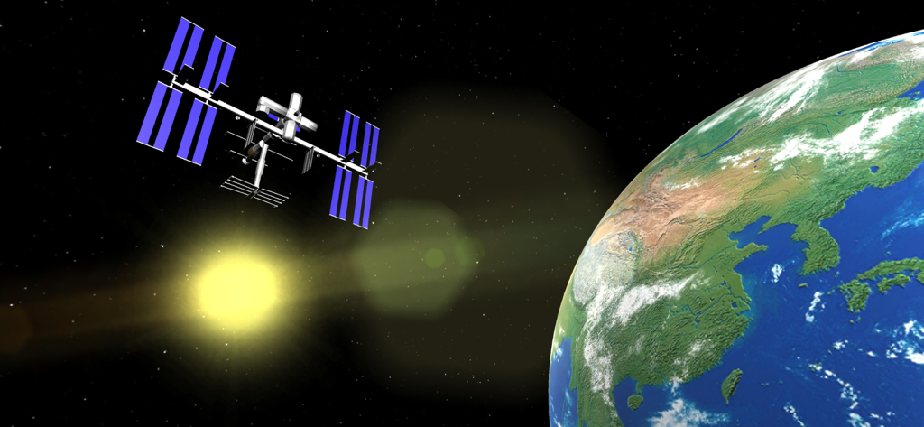 Eine Raumstation umkreist die Erde mit der Sonne im Hintergrund aus einem 360-Grad-VR-Weltraumsimulator