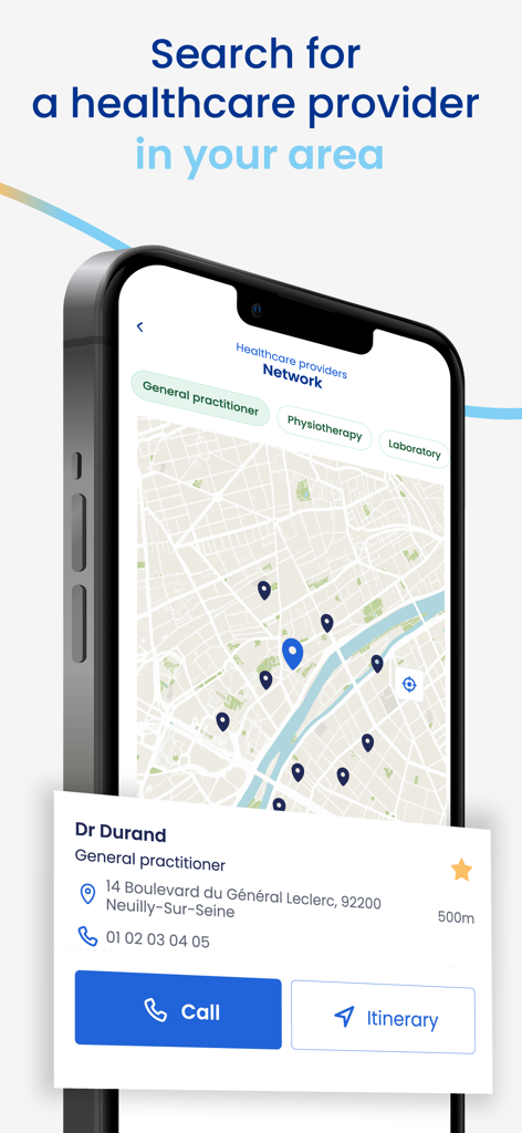 Map interface in the Henner plus app showing local healthcare providers and doctor details.