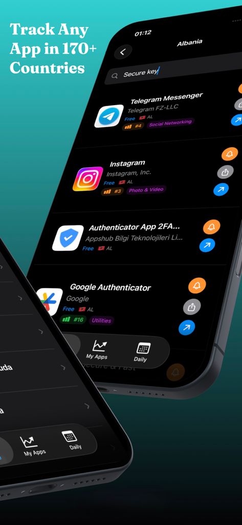 RankingCheck: Apps Ranking - Eine Smartphone-Oberfläche, die Suchergebnisse für beliebte Apps mit ihren Ranking-Positionen in verschiedenen Ländern zeigt.
