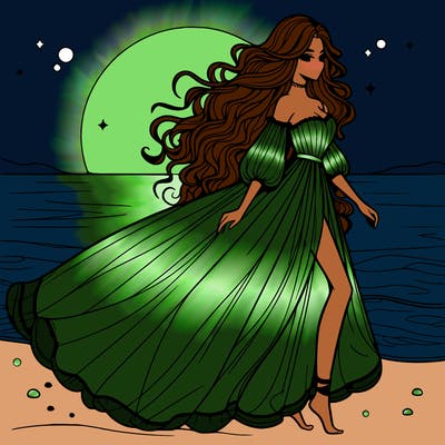 beautiful woman with a vaporous long dress walking on the beach at the noon, detailed art