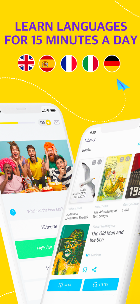 EWA app interface for daily language learning and reading books