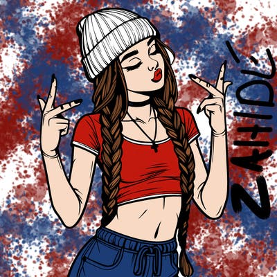 realistic teenage girl with braids and a beanie and crop top doing 🫶🏼