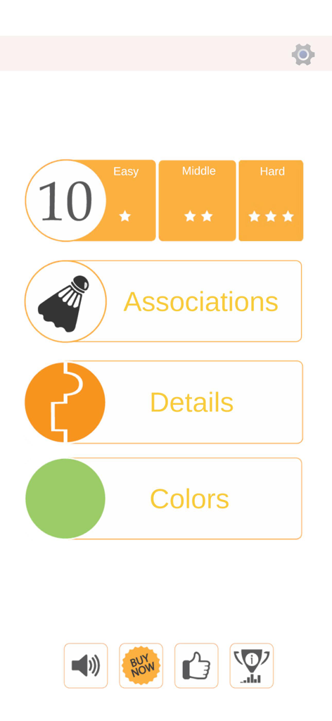 Main menu of Fit brains trainer app showing game categories like associations details and colors