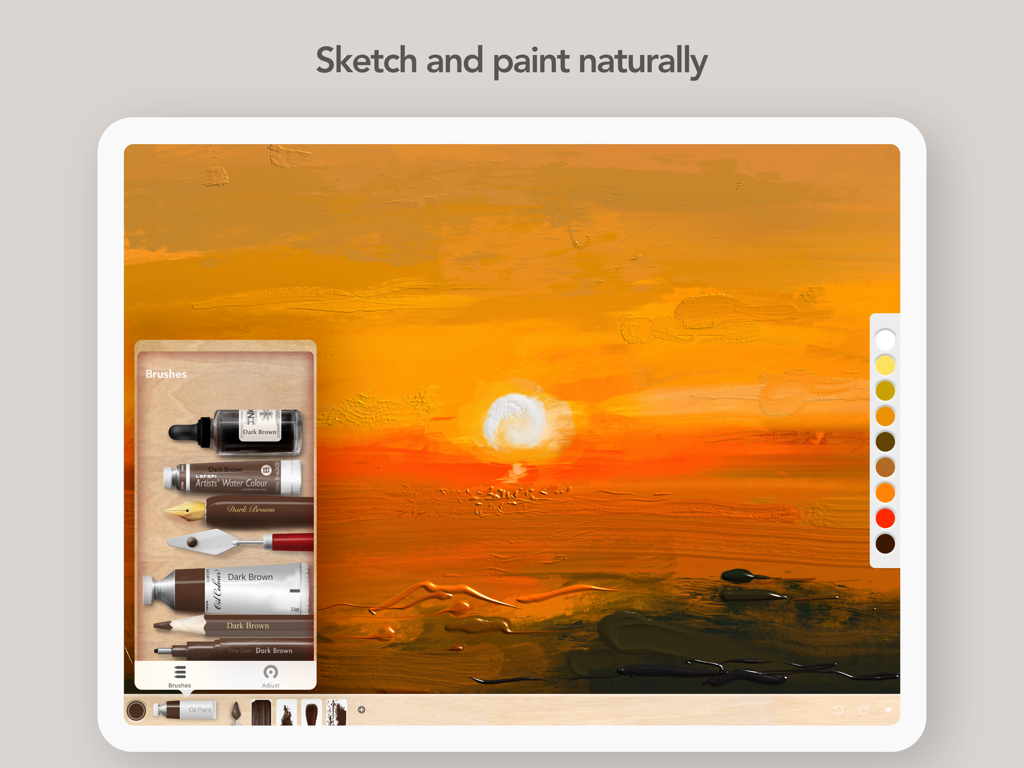 Art Set 4 - Digital sunset oil painting on an iPad using Art Set 4 showing a brush selection menu and color palette.
