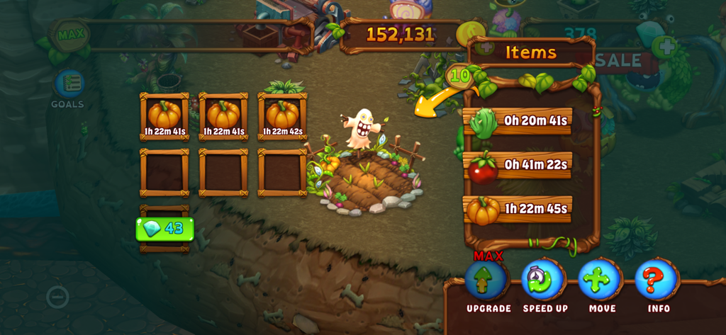 Gameplay screen of My Singing Monsters Dawn of Fire showing the item crafting menu and resource timers