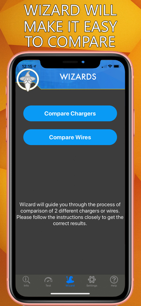 Interfaz de la aplicación Amperes 4 mostrando el asistente de comparación de cargadores y cables.