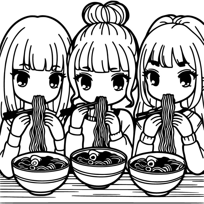 three girls eating ramen noodles