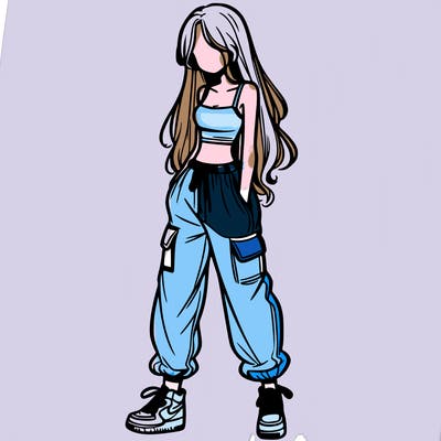 girl in baggy pants crop top and long hair