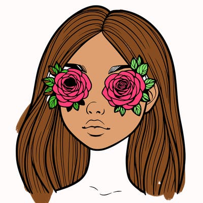 a realistic girl with roses for eyes