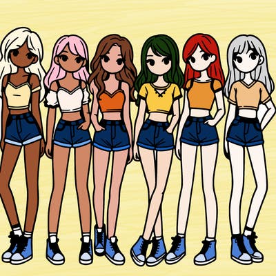 a group of girls wearing crop tops and shorts