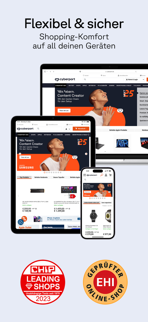 Cyberport electronics shopping app interface shown on smartphone tablet and laptop with trust seals
