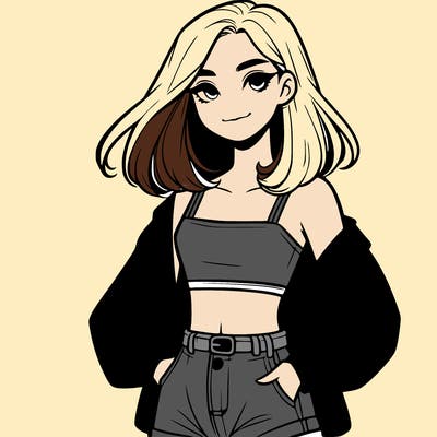 a realistic girl with a crop top and short shorts in an open jacket