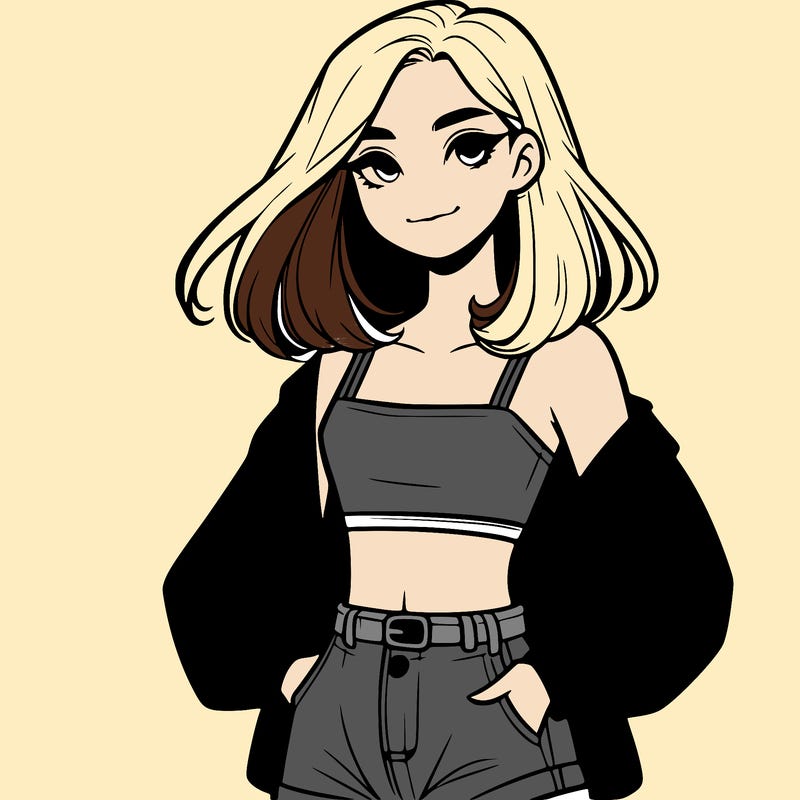 a realistic girl with a crop top and short shorts in an open jacket