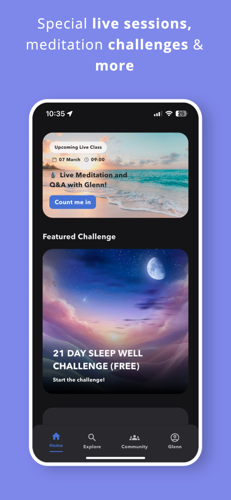 Ultimate Hypnosis, Meditation - The app interface showing upcoming live meditation sessions and a 21 day sleep well challenge