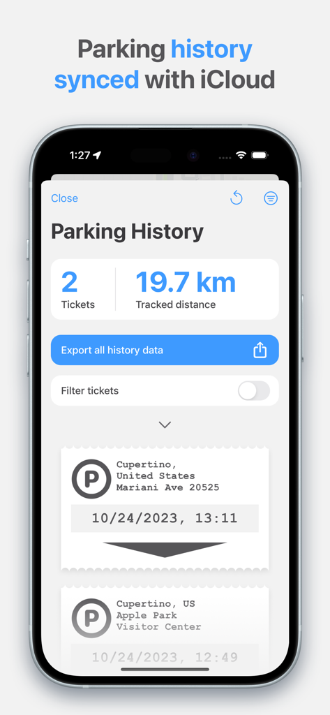 Mobile app interface showing parking history and tracked driving distance with iCloud sync