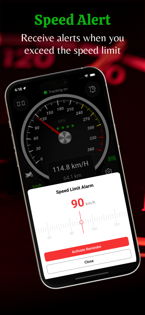 iPhone displaying the speed limit alarm feature on the GPS Speedometer app