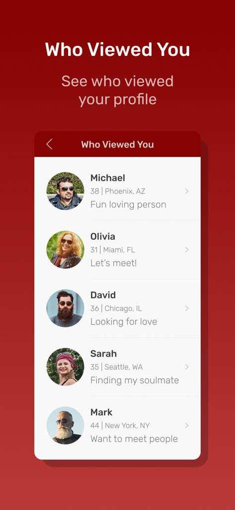 Biker Planet Dating App - Screenshot of the Who Viewed You feature in the Biker Planet dating app showing a list of recent profile visitors