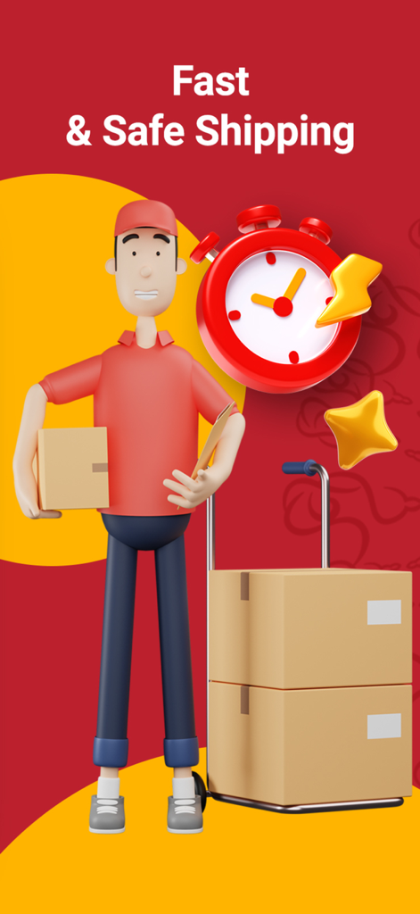 Alsaif Gallery | السيف غاليري - A 3D delivery character holding packages next to a stopwatch representing fast and safe shipping.