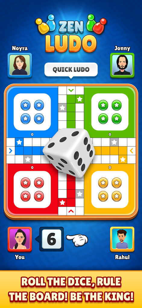 Zen Ludo - Pantalla de juego de Zen Ludo mostrando un tablero de 4 jugadores con un dado blanco grande y avatares de jugador