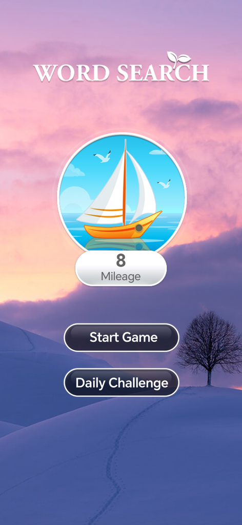 Menu principal de l'application Otium Mot Caché présentant un paysage d'hiver serein et une illustration de voilier.