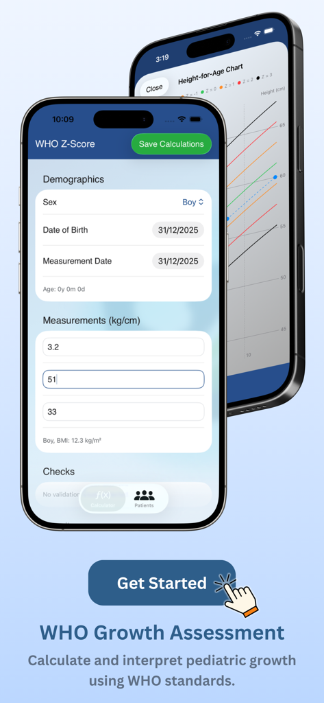 PediaMetrics: Pediatric Growth - PediaMetrics app interface showing WHO growth assessment and z-score calculation tools on iPhone screens
