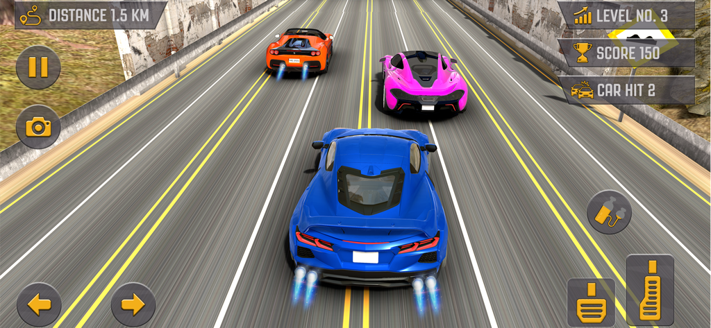 Blue sports car racing on a highway with nitro boost in a 3D car simulator