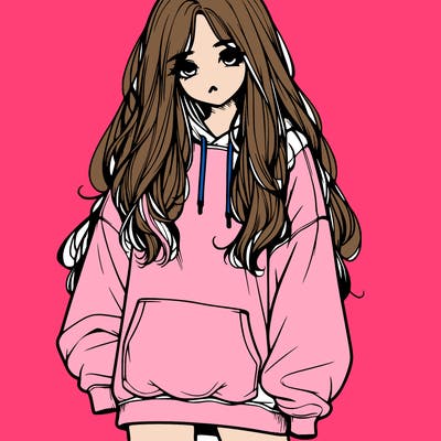 realistic girl with long hair and baggy sweat shirt