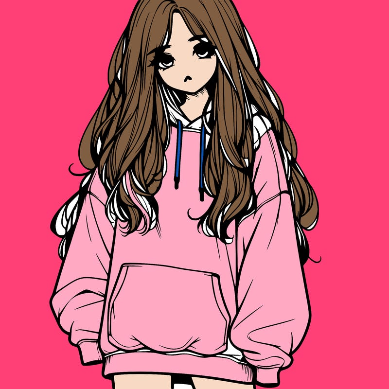 realistic girl with long hair and baggy sweat shirt