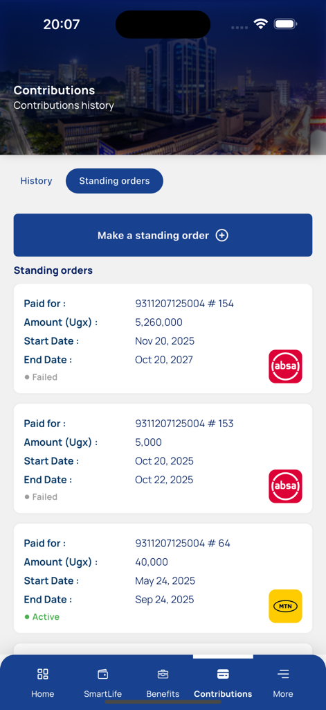 NSSF GO - Screen of NSSF GO app displaying a list of standing orders for social security contributions including amounts and payment status