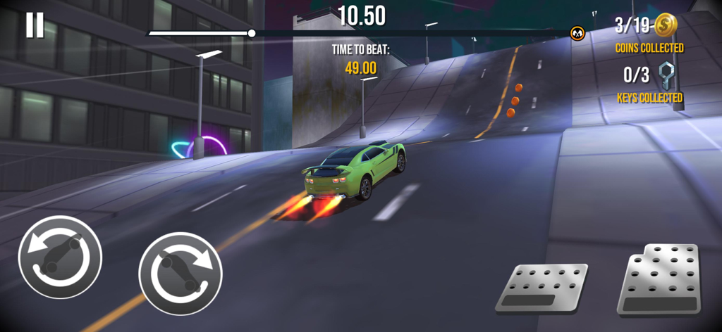 Stunt Car Extreme - Un muscle car verde realizando un salto acrobático en una pista urbana en el juego móvil Stunt Car Extreme.