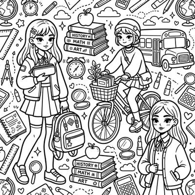 Dive into the vibrant world of Kawaii fashion and school life with this delightful coloring page. Featuring trendy schoolgirls and adorable back-to-school essentials, it's perfect for sparking creativity.