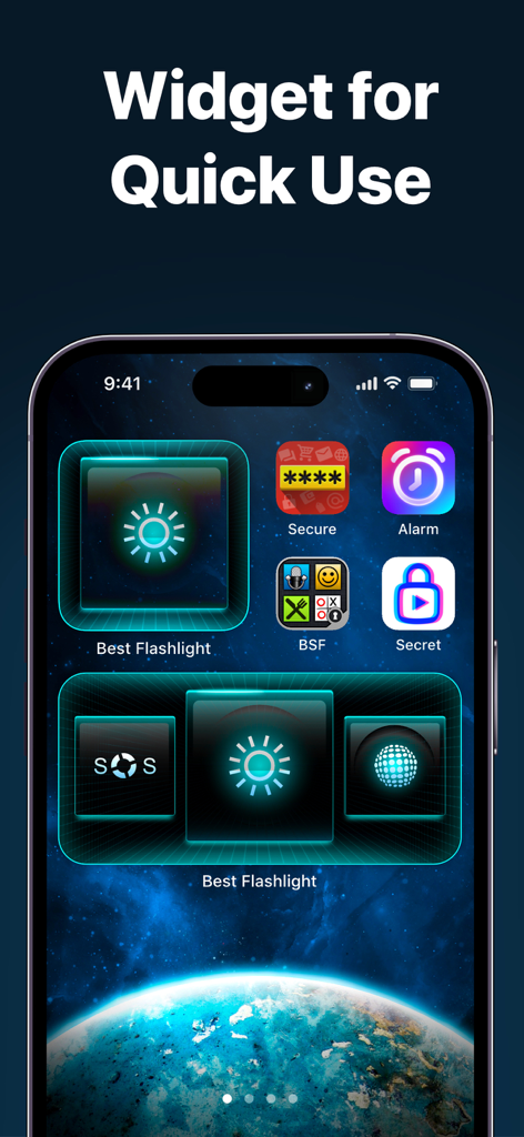 Best Flash Light - Flashlight - Pantalla de inicio de iPhone mostrando widgets de la aplicación linterna para acceso rápido a las funciones de luz y SOS.
