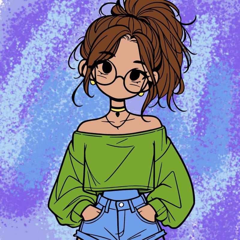 girl with a messy ponytail glasses a baggy crop top and jean shorts