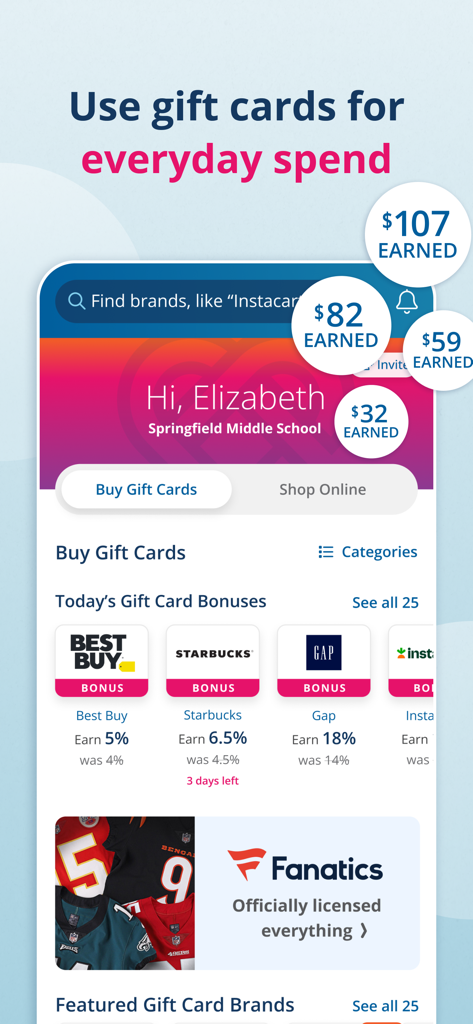 The RaiseRight app dashboard showing fundraising earnings and gift card bonuses for popular brands like Starbucks and Gap