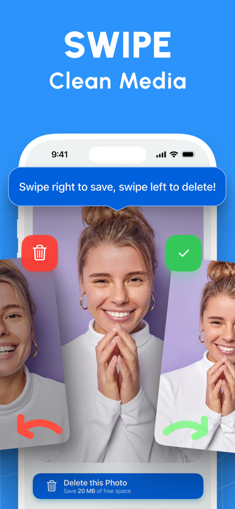 Cleanup - Storage Cleaner AI - Cleanup app interface showing a swipe to delete feature for managing photo storage
