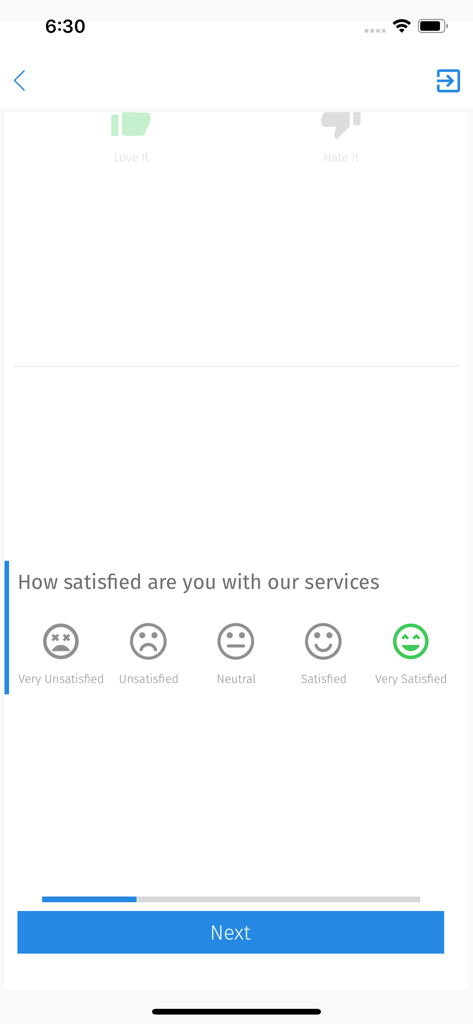 SurveyPocket - Offline Surveys - Survey screen asking for service satisfaction with five emoji rating levels