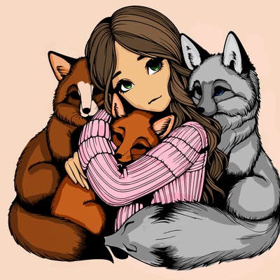 realistic, looking girl hugging, foxes
